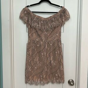 Pink & Black lacy mini, off-the-shoulder dress.